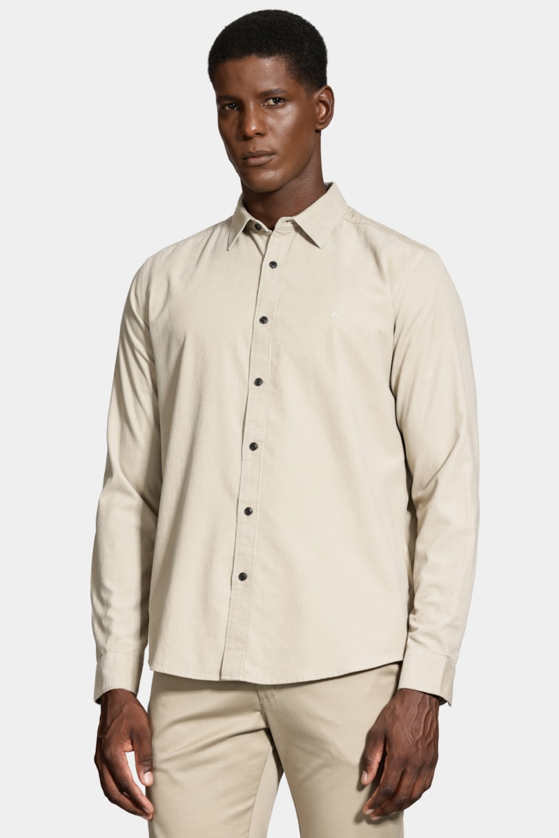 Camisa Manga Longa Slim em Veludo Cotelê Areia