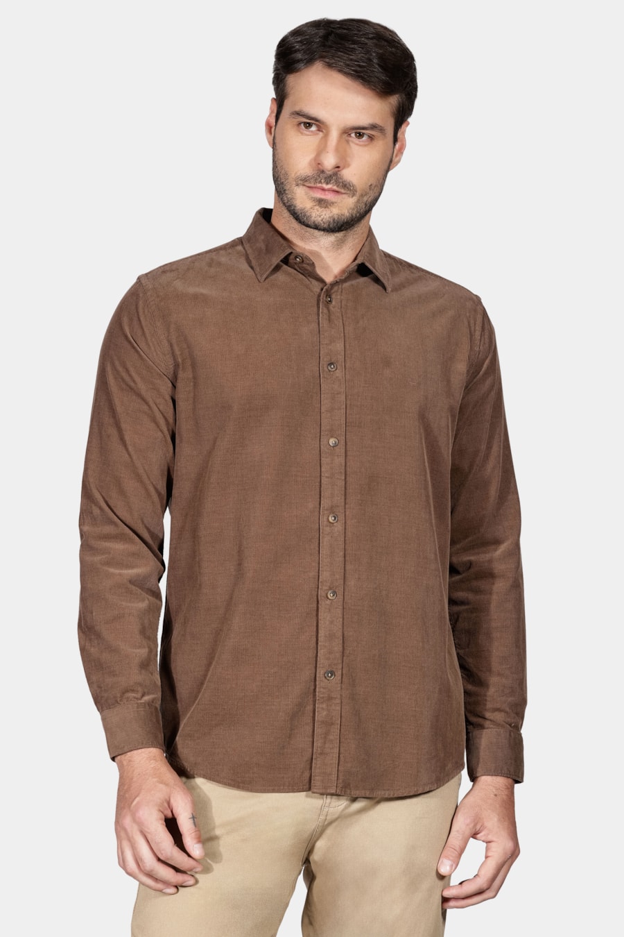 Camisa Manga Longa Slim em Veludo Cotelê Cáqui — foto 1 de 6