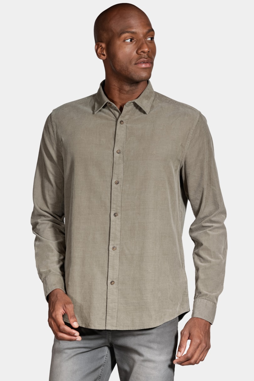 Camisa Manga Longa Slim em Veludo Cotelê Cinza