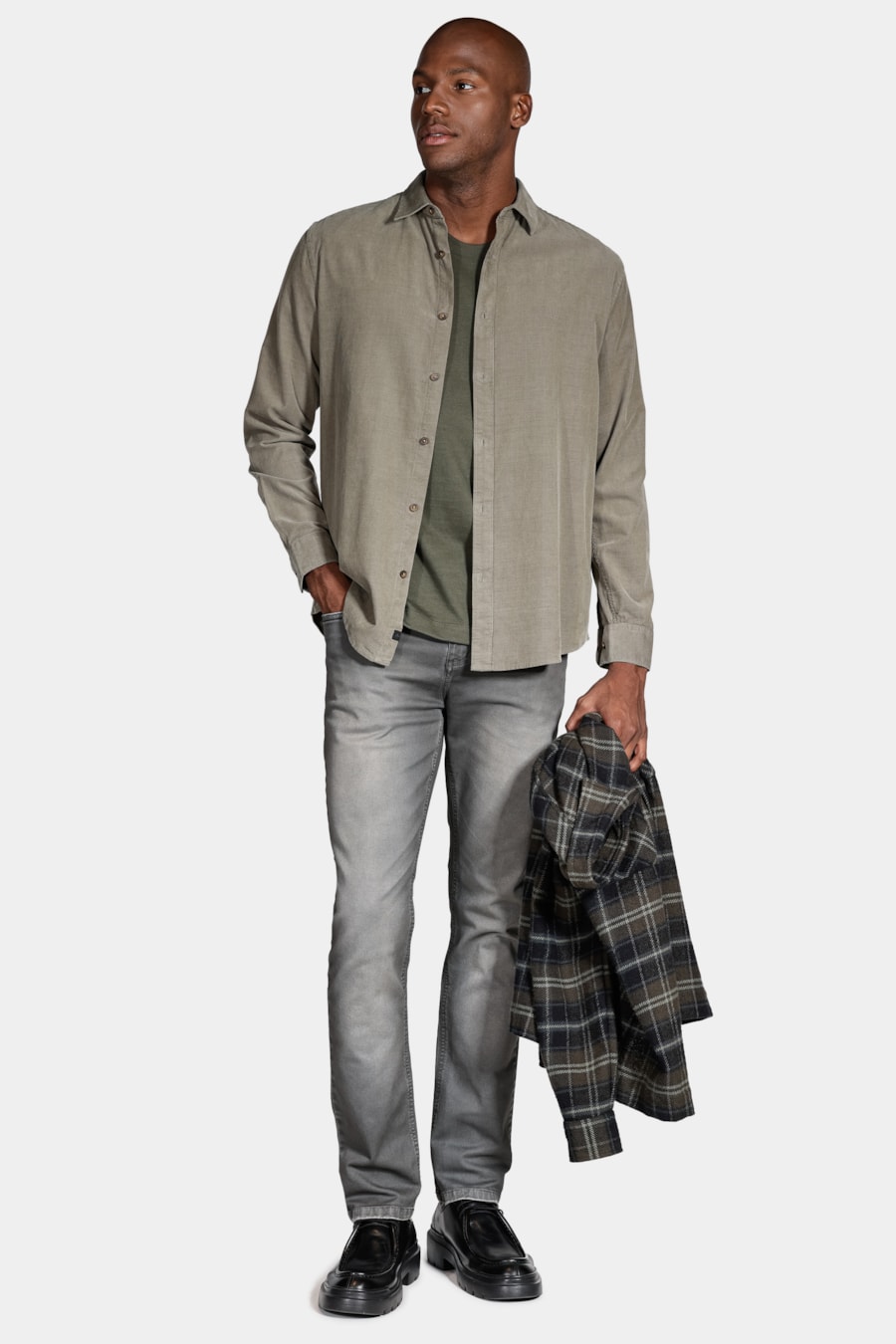 Camisa Manga Longa Slim em Veludo Cotelê Cinza — foto 2 de 5