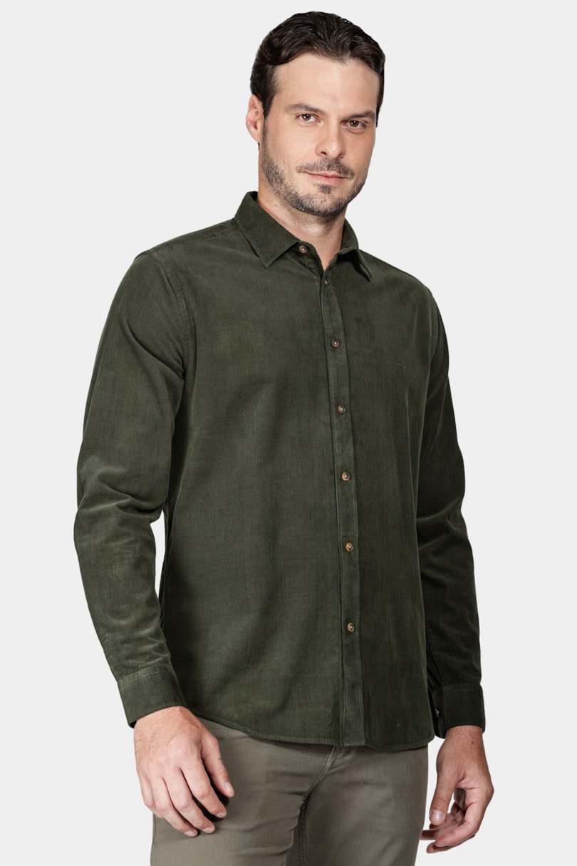 Camisa Manga Longa Slim em Veludo Cotelê Verde Militar