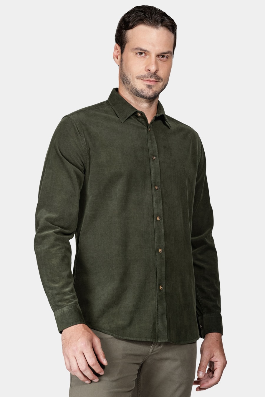 Camisa Manga Longa Slim em Veludo Cotelê Verde Militar — foto 1 de 5