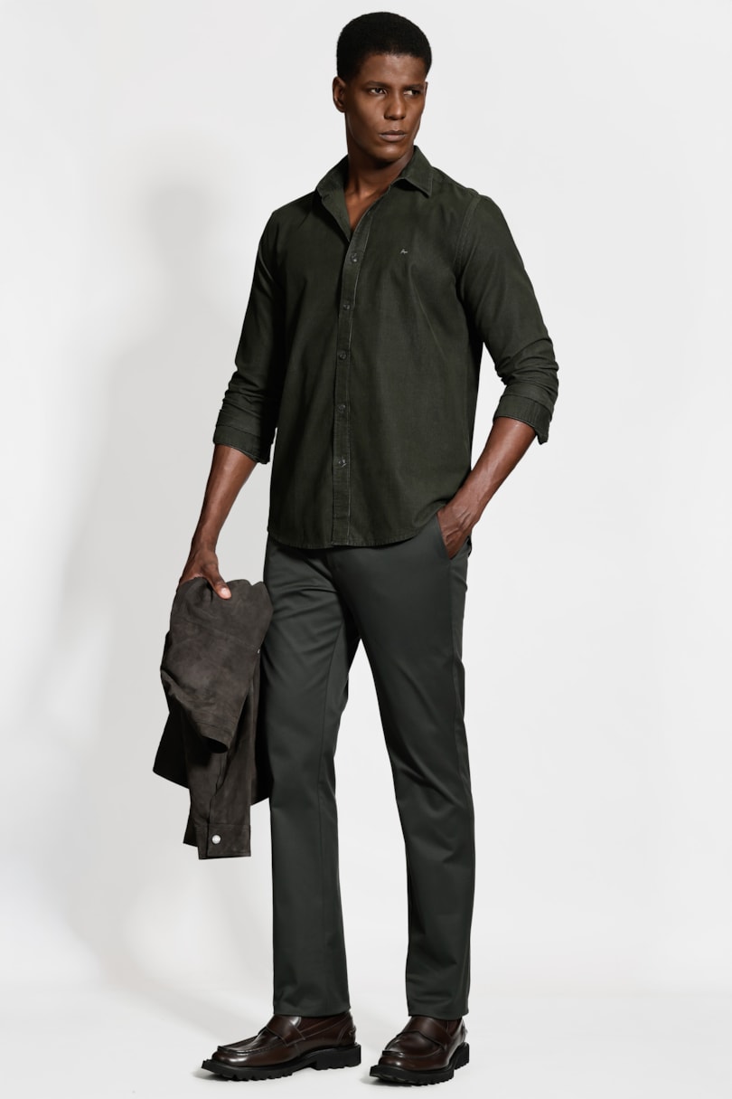 Camisa Manga Longa Slim em Veludo Cotelê Verde Oliva