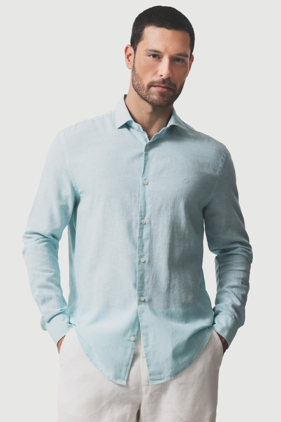 Camisa Manga Longa Slim Linho Algodao Surat Azul Piscina — foto 1 de 6