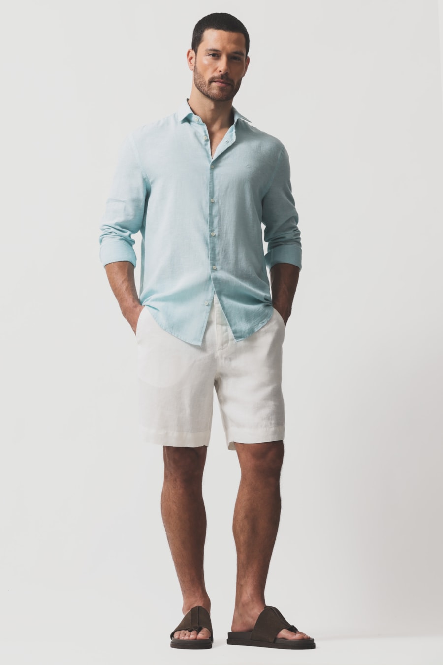 Camisa Manga Longa Slim Linho Algodao Surat Azul Piscina — foto 2 de 6