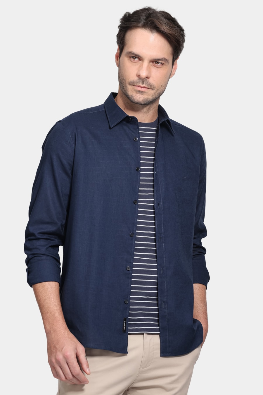 Camisa Manga Longa Slim Linho Azul Escuro — foto 1 de 6