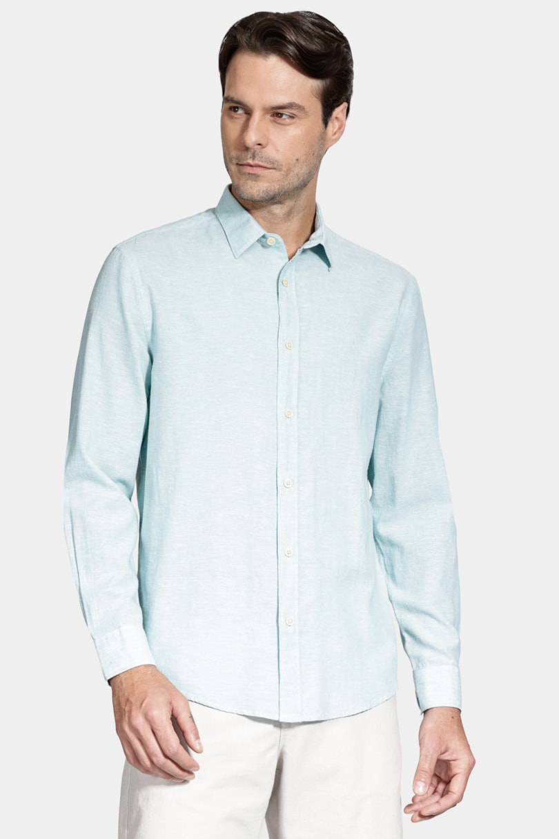 Camisa Manga Longa Slim Linho Azul Piscina