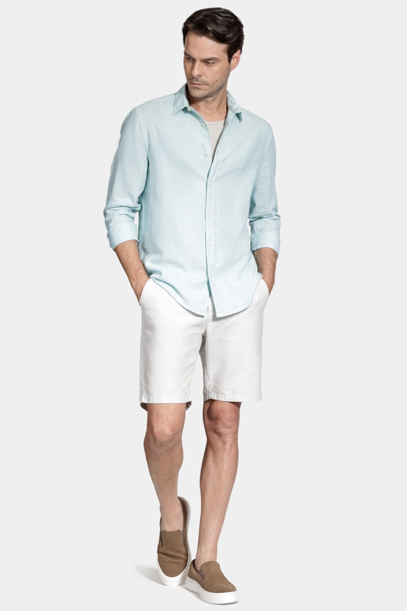 Camisa Manga Longa Slim Linho Azul Piscina