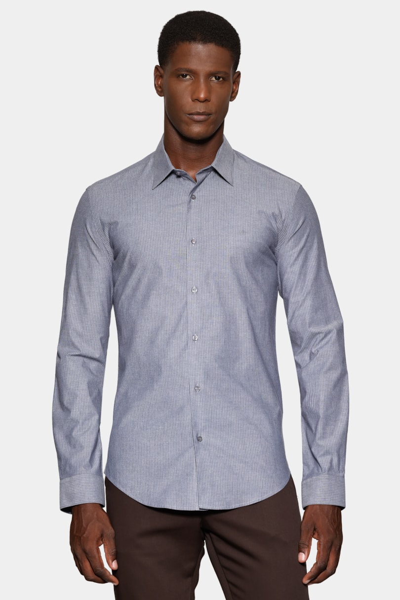 Camisa Manga Longa Slim Listra Stretch Azul C/ Marinho