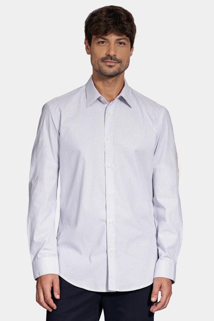 Camisa Manga Longa Slim Listra Stretch Branco C/Azul Medio