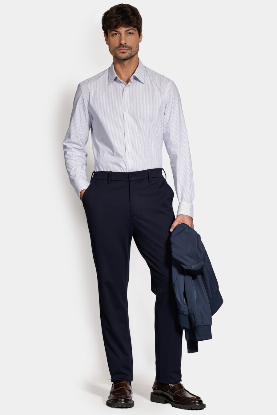 Camisa Manga Longa Slim Listra Stretch Branco C/Azul Medio — foto 2 de 6