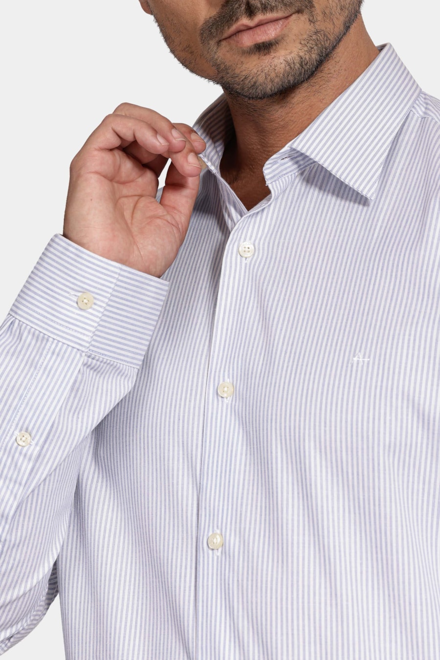 Camisa Manga Longa Slim Listra Stretch Branco C/Azul Medio — foto 3 de 6