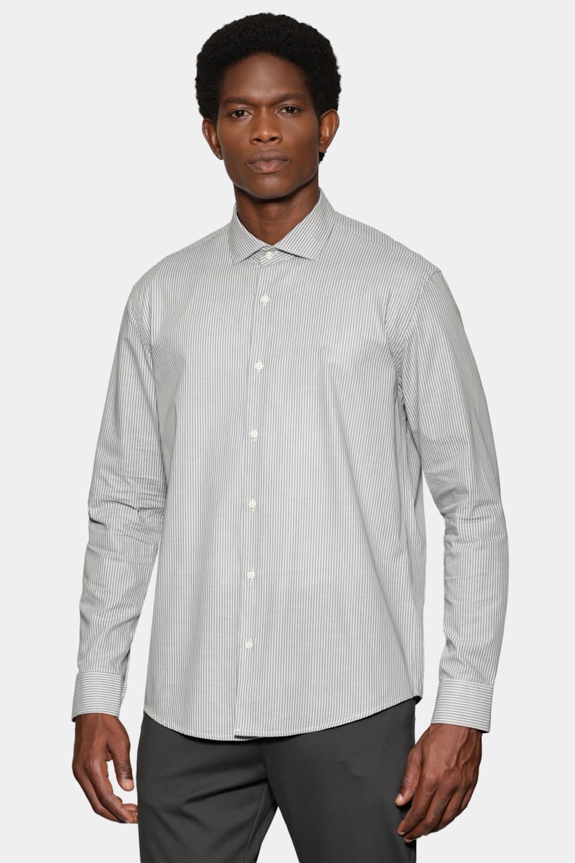 Camisa Manga Longa Slim Listrada Vertical Verde C/ Branco