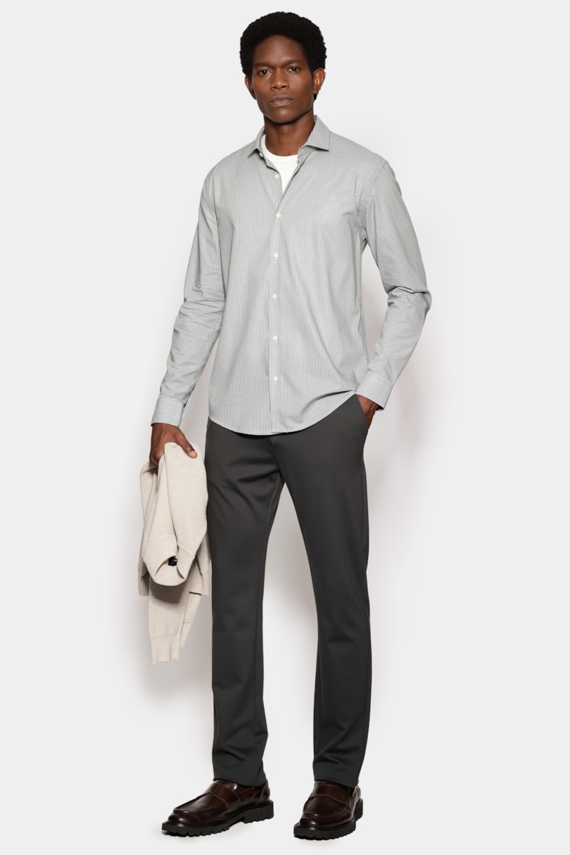 Camisa Manga Longa Slim Listrada Vertical Verde C/ Branco