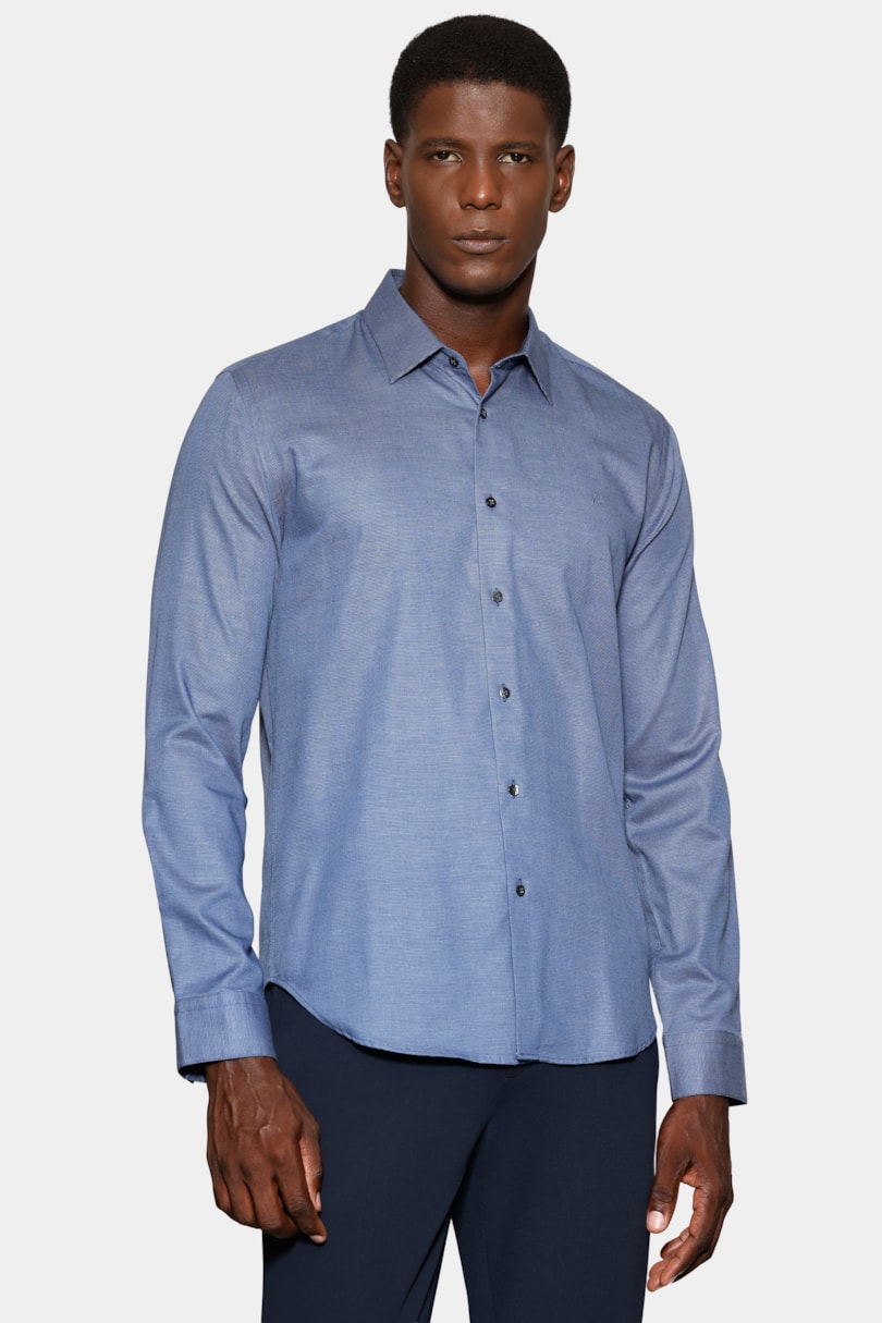 Camisa Manga Longa Slim Maquineta Fio Tinto Azul