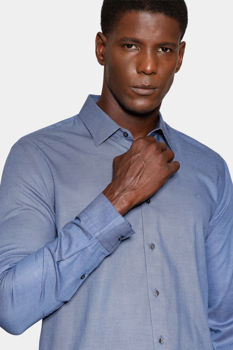Camisa Manga Longa Slim Maquineta Fio Tinto Azul — foto 3 de 5