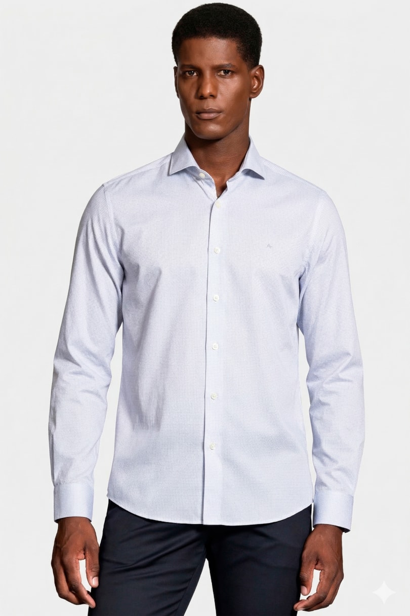 Camisa Manga Longa Slim Maquineta Pontilhada Branco C/Azul Medio