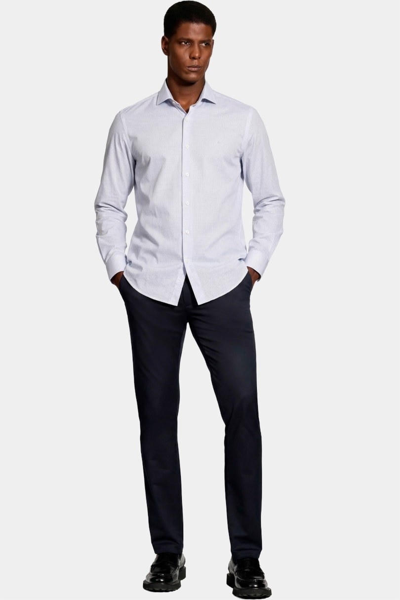 Camisa Manga Longa Slim Maquineta Pontilhada Branco C/Azul Medio