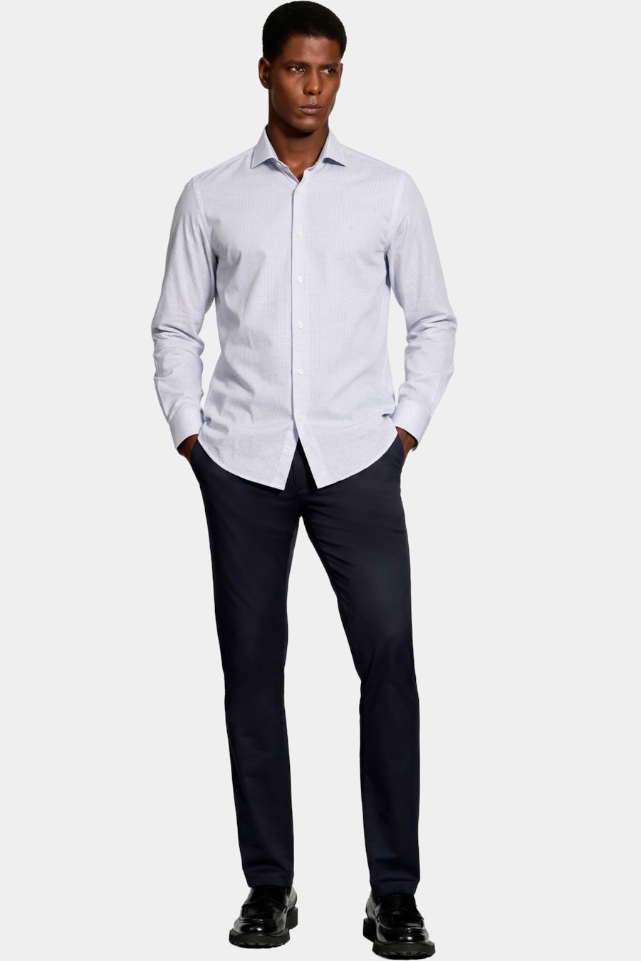 Camisa Manga Longa Slim Maquineta Pontilhada Branco C/Azul Medio — foto 2 de 6