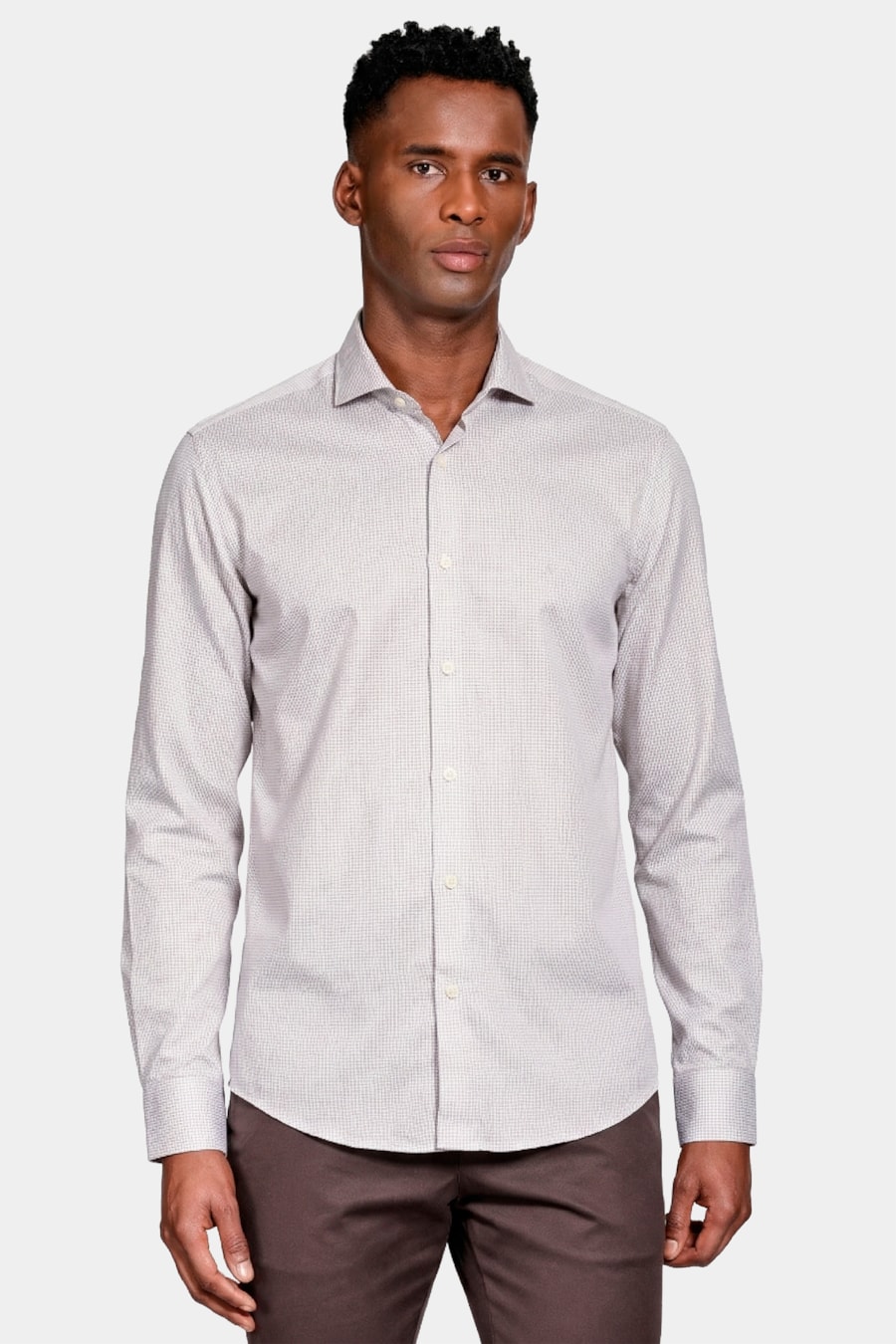 Camisa Manga Longa Slim Maquineta Pontilhada Branco C/Caqui — foto 1 de 6