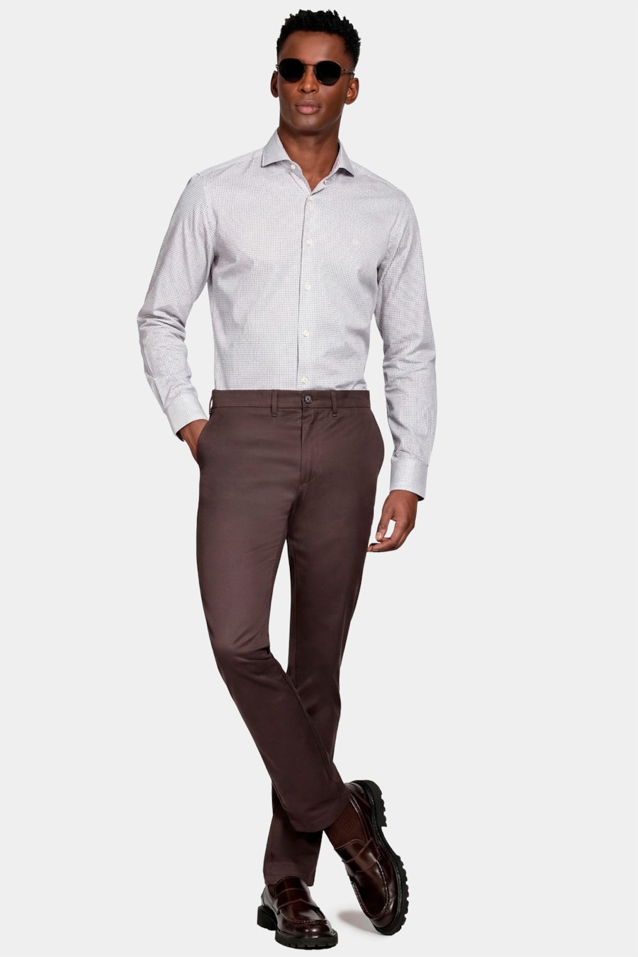Camisa Manga Longa Slim Maquineta Pontilhada Branco C/Caqui — foto 2 de 6