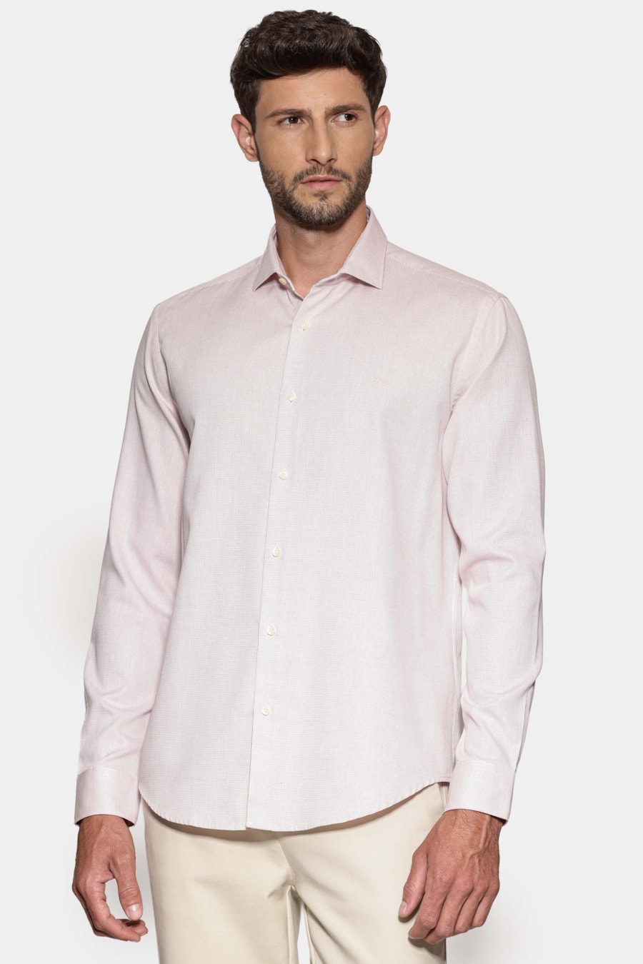 Camisa Manga Longa Slim Maquineta Pontilhada Branco C/Rosa — foto 1 de 6