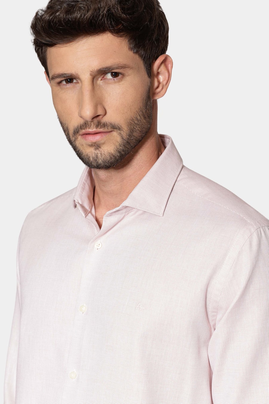 Camisa Manga Longa Slim Maquineta Pontilhada Branco C/Rosa — foto 3 de 6