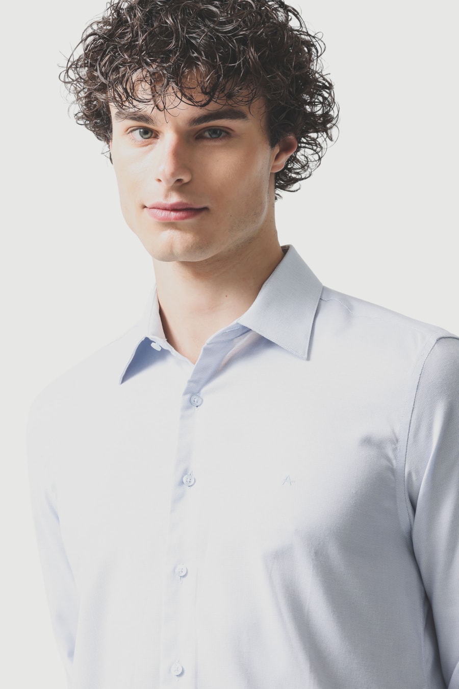 Camisa Manga Longa Slim Maquinetada Stretch Branco C/Azul Claro — foto 3 de 6