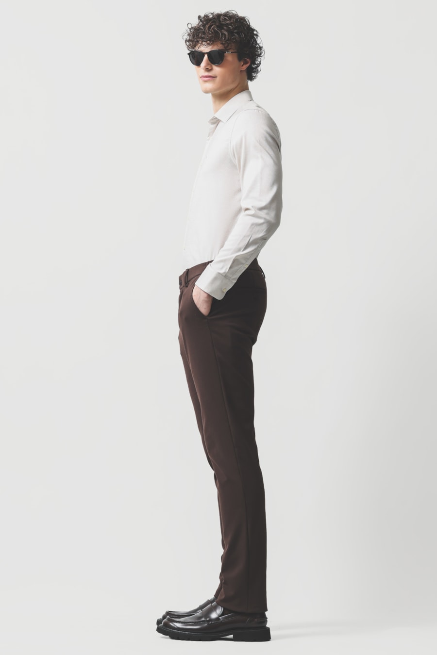 Camisa Manga Longa Slim Maquinetada Stretch Branco C/Caqui — foto 2 de 6