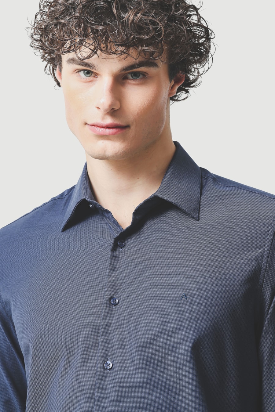 Camisa Manga Longa Slim Maquinetada Stretch Marinho C/ Azul Médio — foto 3 de 6