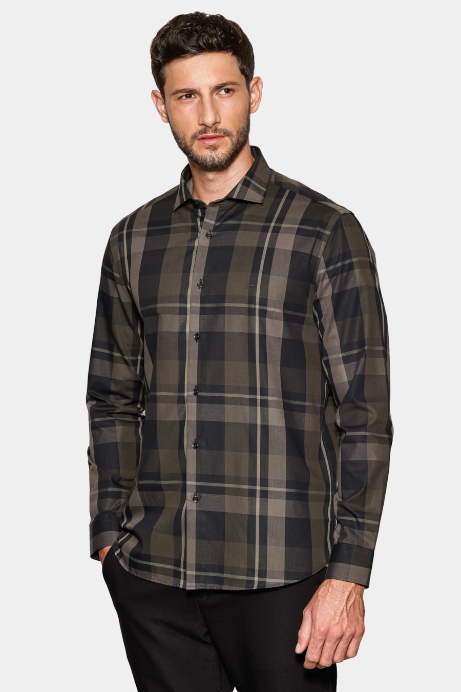 Camisa Manga Longa Slim Maxi Xadrez Preto C/Verde — foto 1 de 7