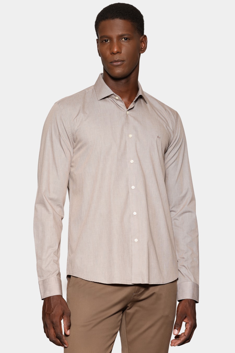 Camisa Manga Longa Slim Micro Xadrez Caqui / Branco — foto 1 de 6