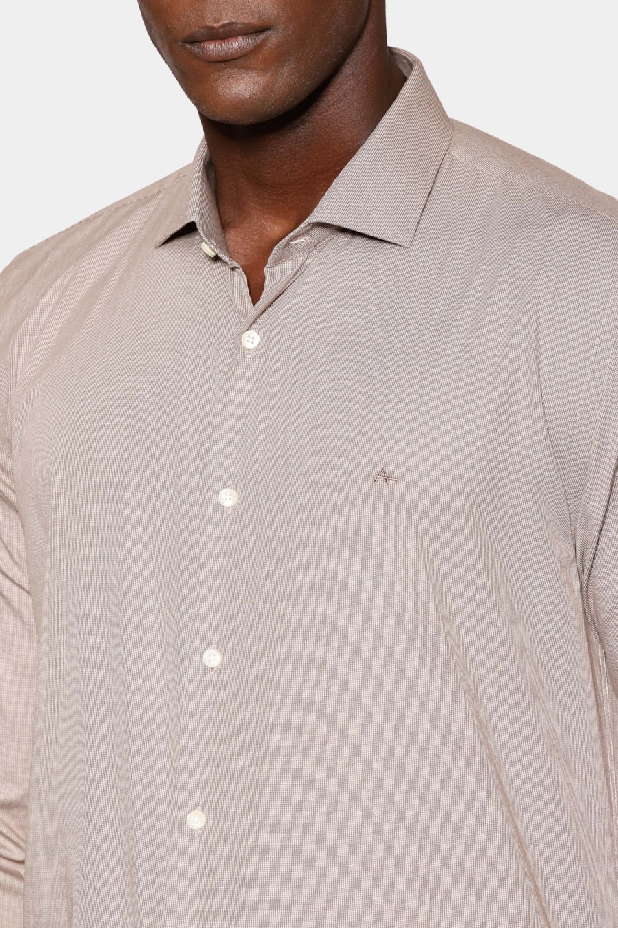 Camisa Manga Longa Slim Micro Xadrez Caqui / Branco — foto 3 de 6