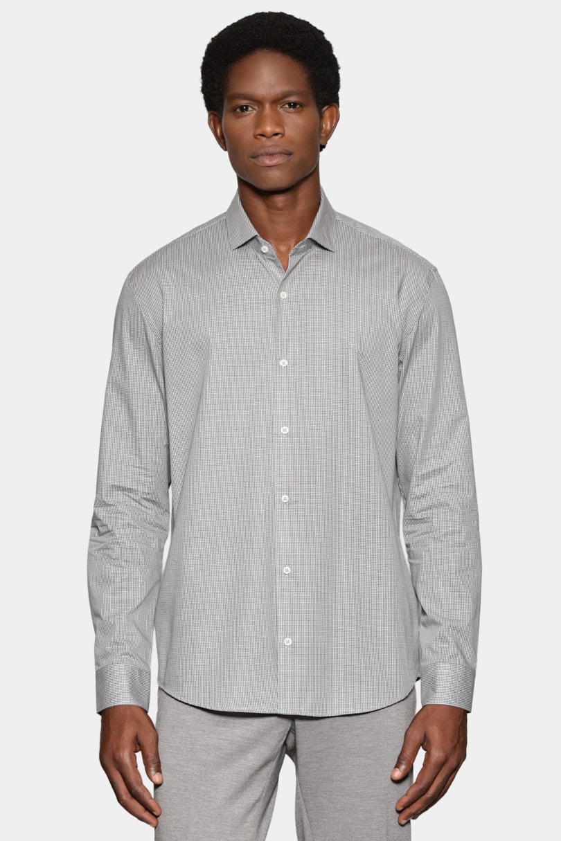 Camisa Manga Longa Slim Mini Xadrez Cinza C/Branco