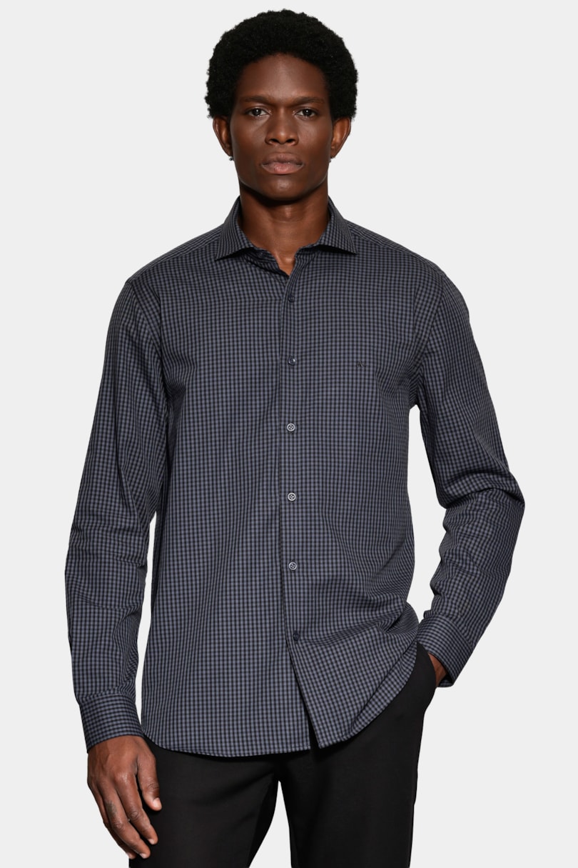 Camisa Manga Longa Slim Mini Xadrez Damero Azul Medio C/ Preto