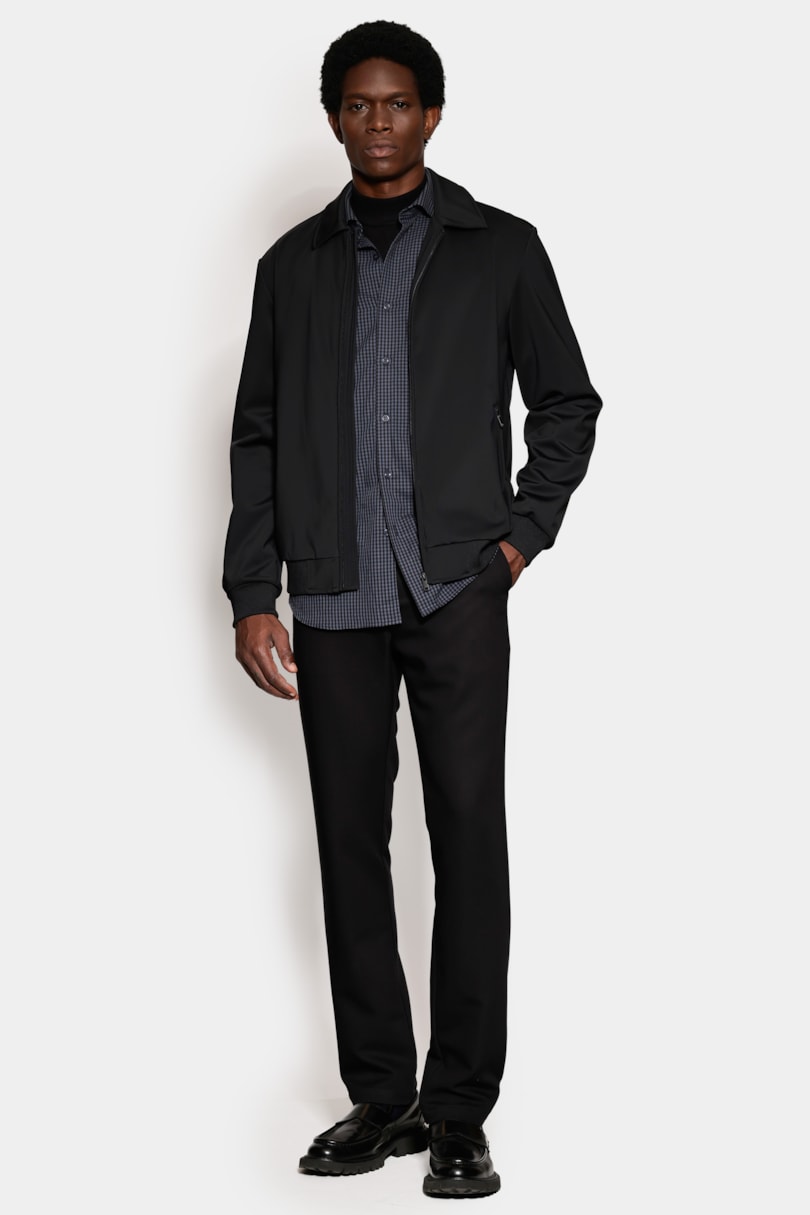 Camisa Manga Longa Slim Mini Xadrez Damero Azul Medio C/ Preto