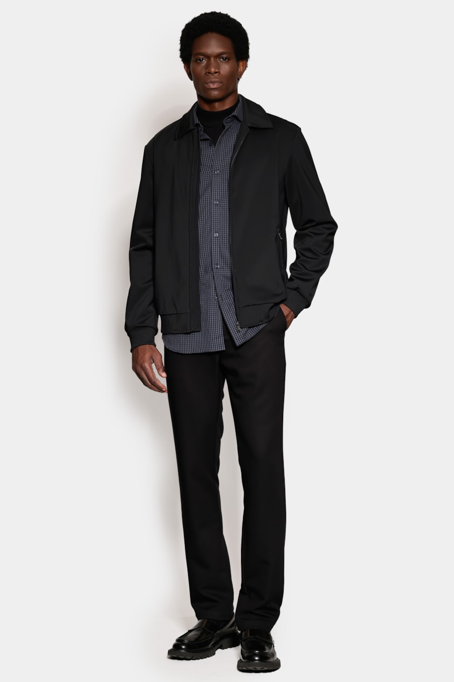 Camisa Manga Longa Slim Mini Xadrez Damero Azul Medio C/ Preto — foto 2 de 6
