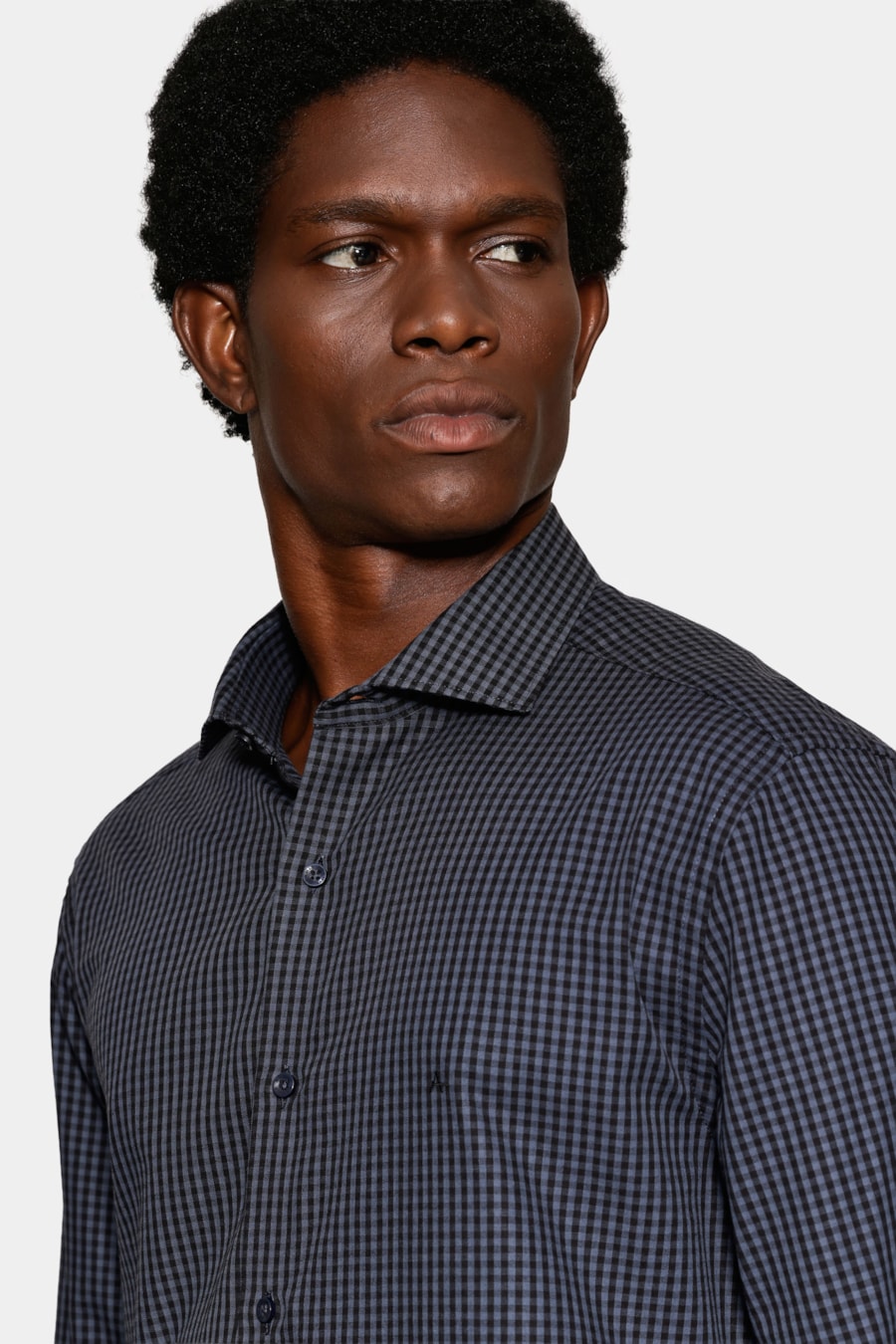 Camisa Manga Longa Slim Mini Xadrez Damero Azul Medio C/ Preto — foto 3 de 6