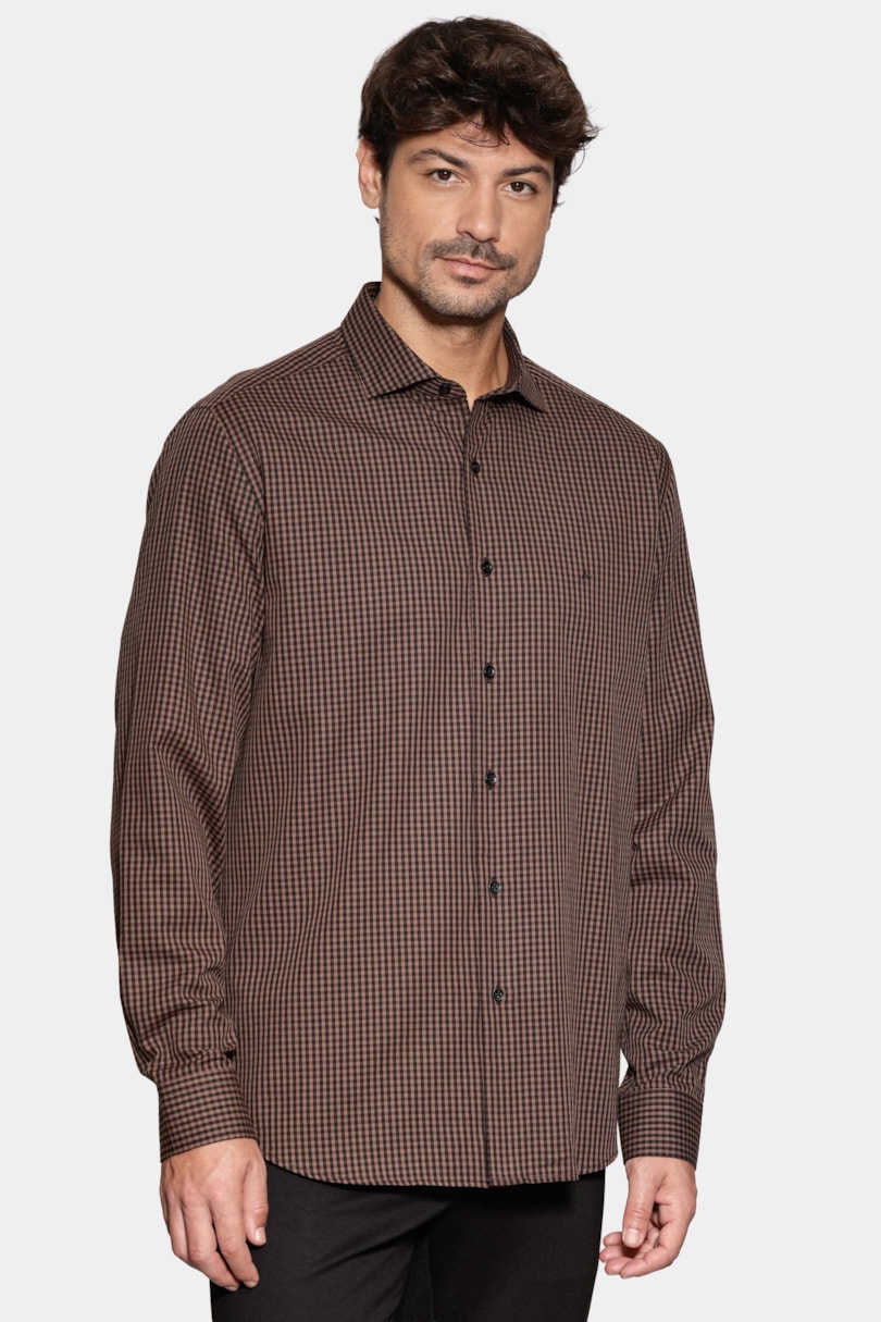 Camisa Manga Longa Slim Mini Xadrez Damero Chocolate C/ Preto