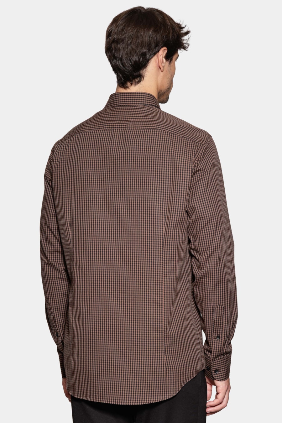 Camisa Manga Longa Slim Mini Xadrez Damero Chocolate C/ Preto — foto 4 de 6