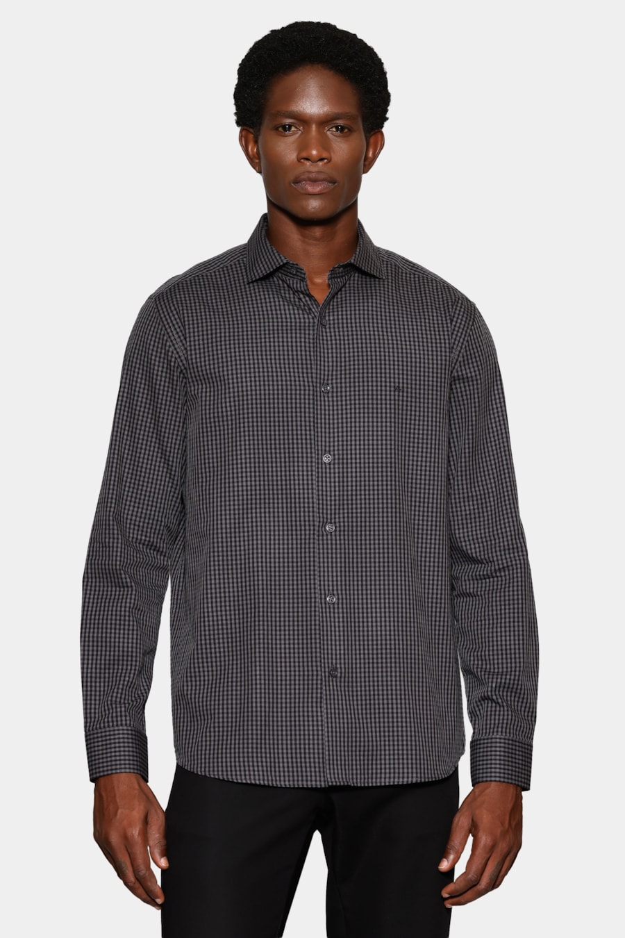Camisa Manga Longa Slim Mini Xadrez Damero Chumbo C/ Preto — foto 1 de 6