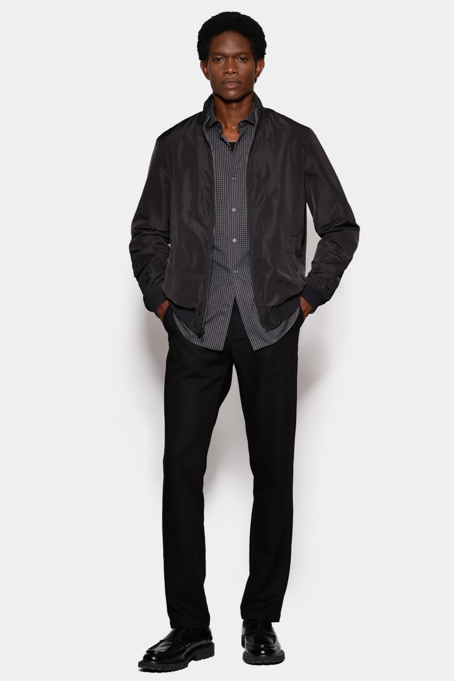 Camisa Manga Longa Slim Mini Xadrez Damero Chumbo C/ Preto — foto 2 de 6