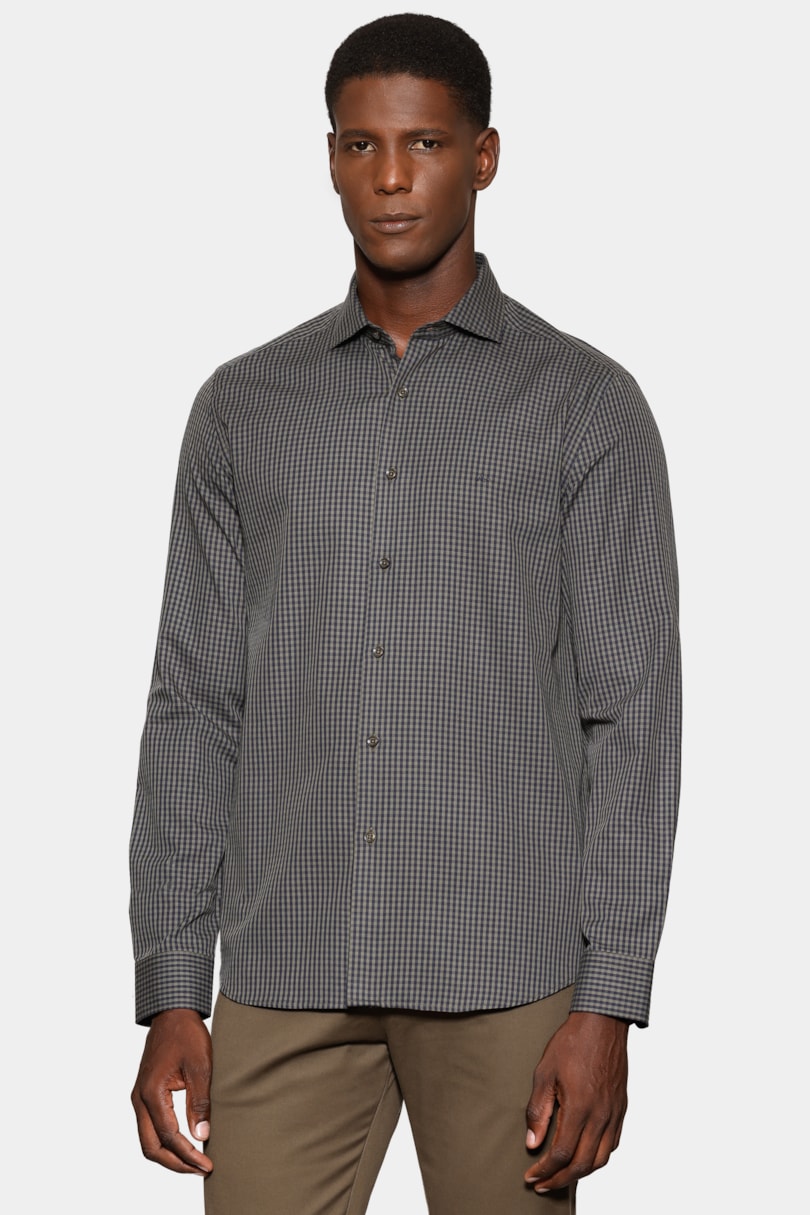 Camisa Manga Longa Slim Mini Xadrez Damero Verde/Marinho