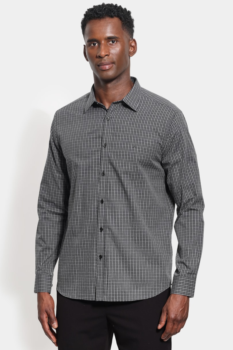 Camisa Manga Longa Slim Mini Xadrez Melange Cinza C/ Chumbo