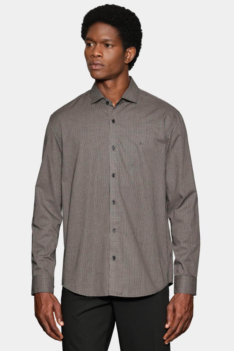 Camisa Manga Longa Slim Mini Xadrez Preto C/ Caqui