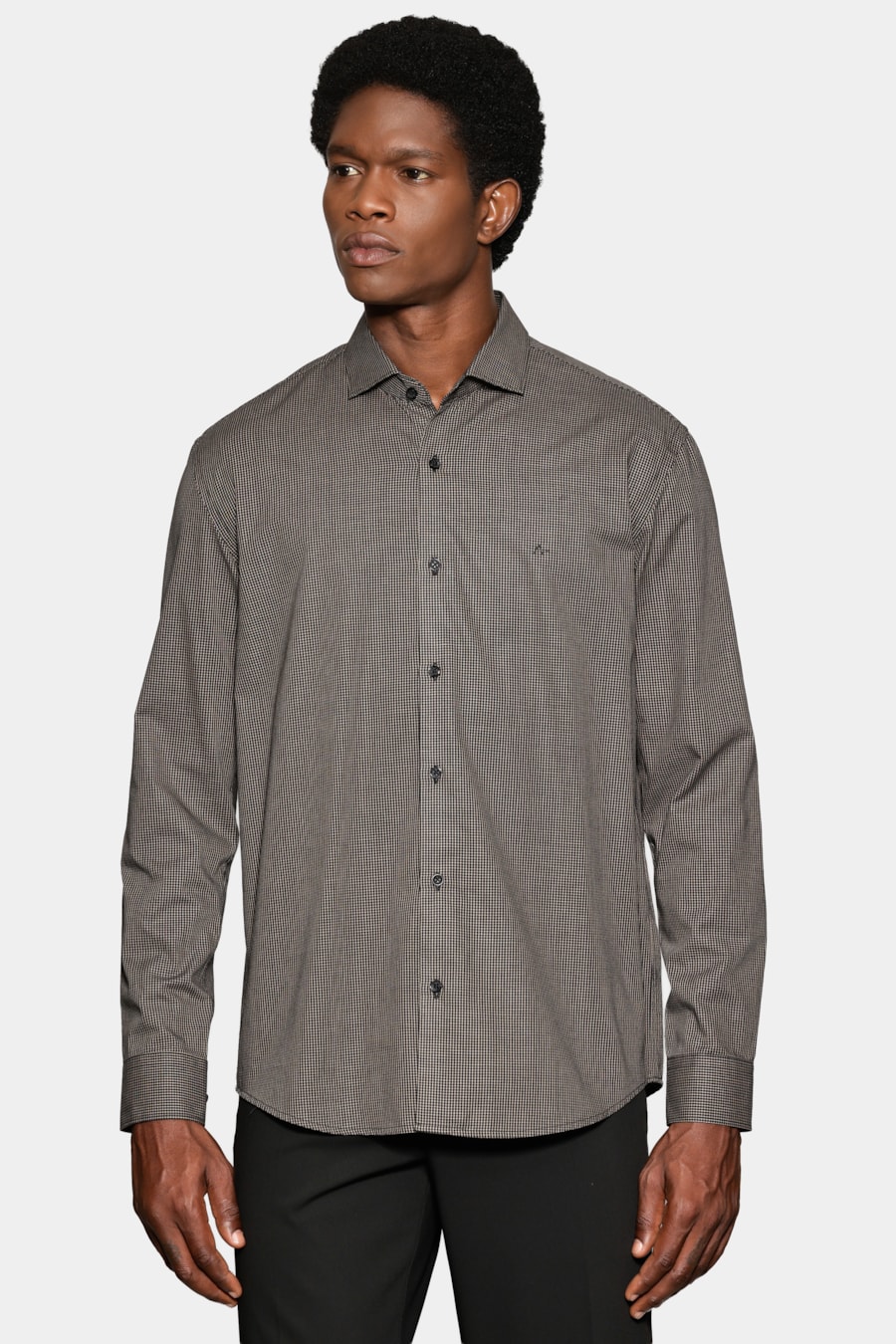 Camisa Manga Longa Slim Mini Xadrez Preto C/ Caqui — foto 1 de 6