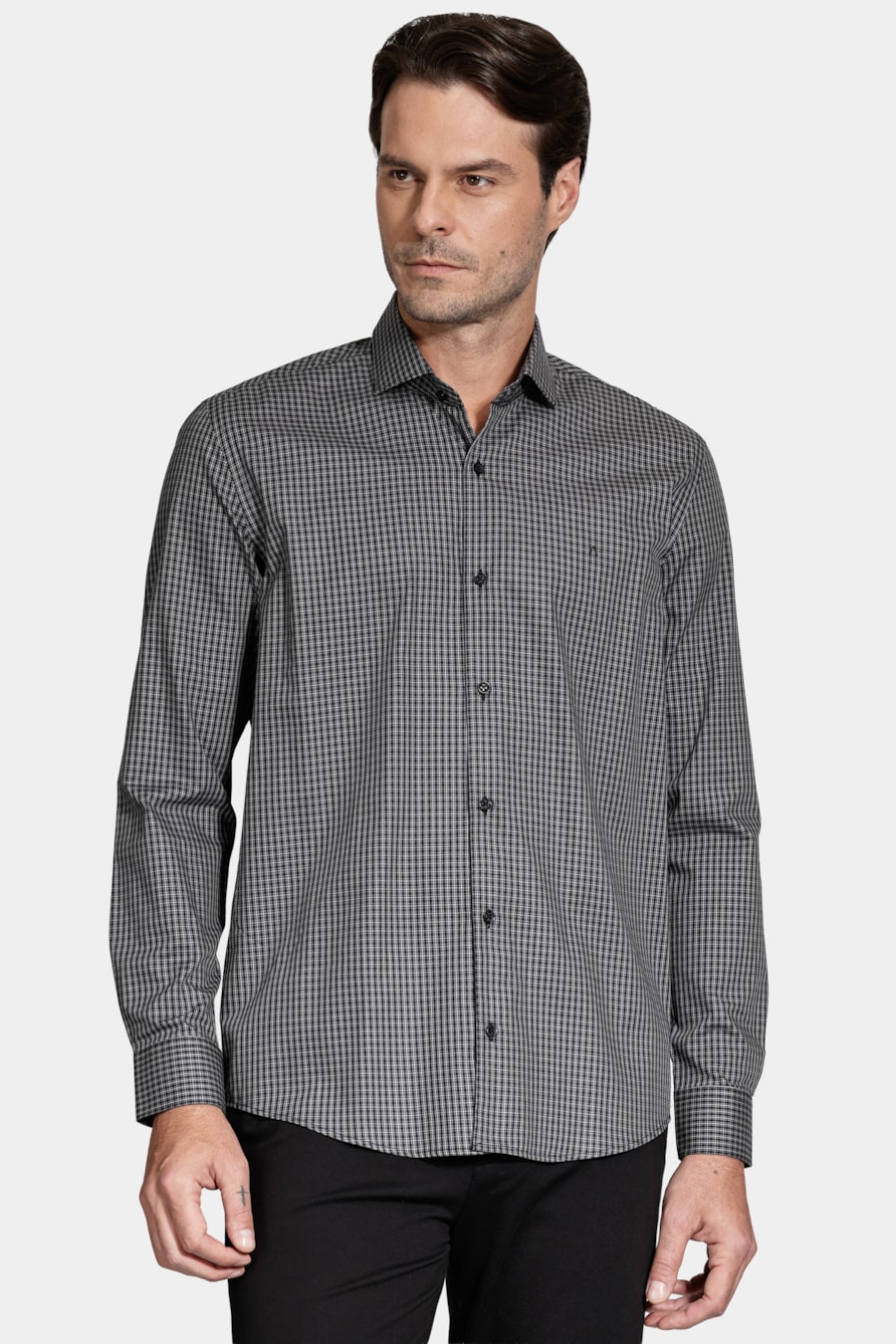 Camisa Manga Longa Slim Mini Xadrez Preto C/Cinza — foto 1 de 6