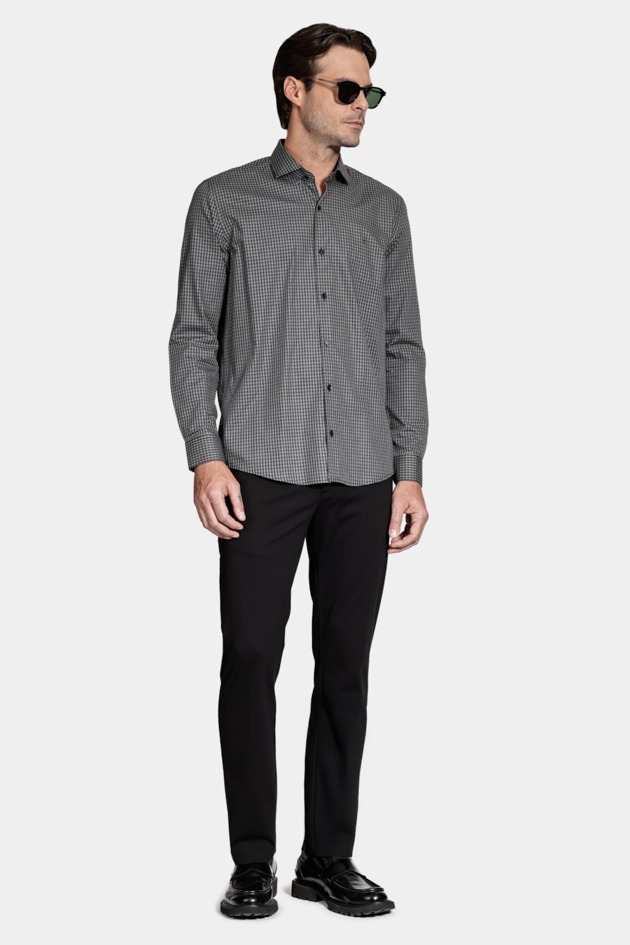Camisa Manga Longa Slim Mini Xadrez Preto C/Cinza — foto 2 de 6