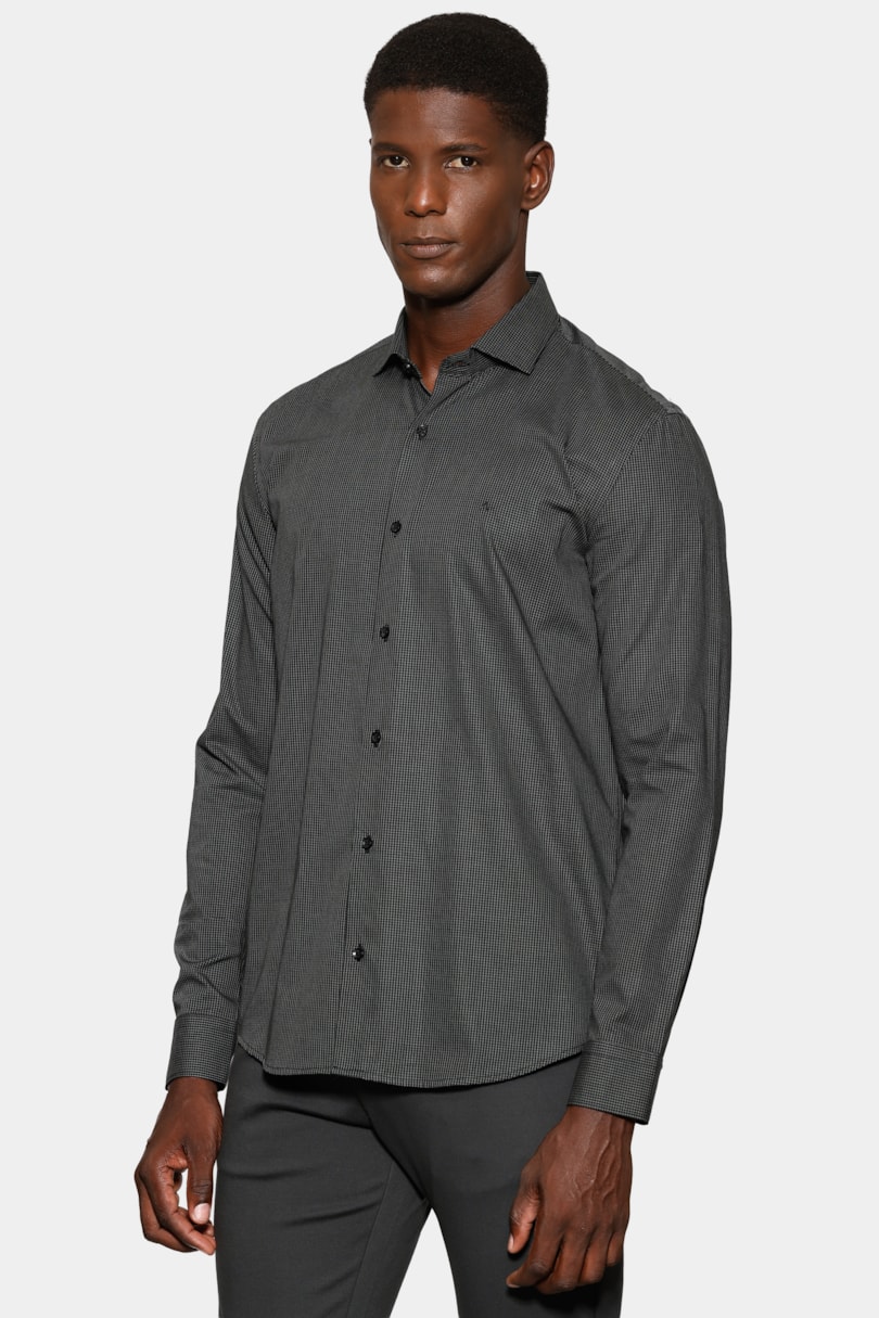 Camisa Manga Longa Slim Mini Xadrez Preto C/Verde