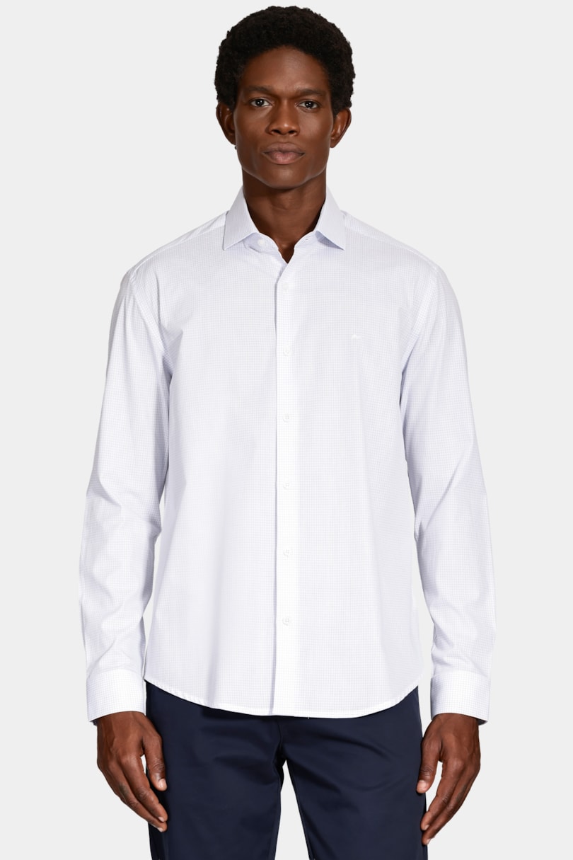Camisa Manga Longa Slim Moscou Micro Xadrez Branco C/Azul